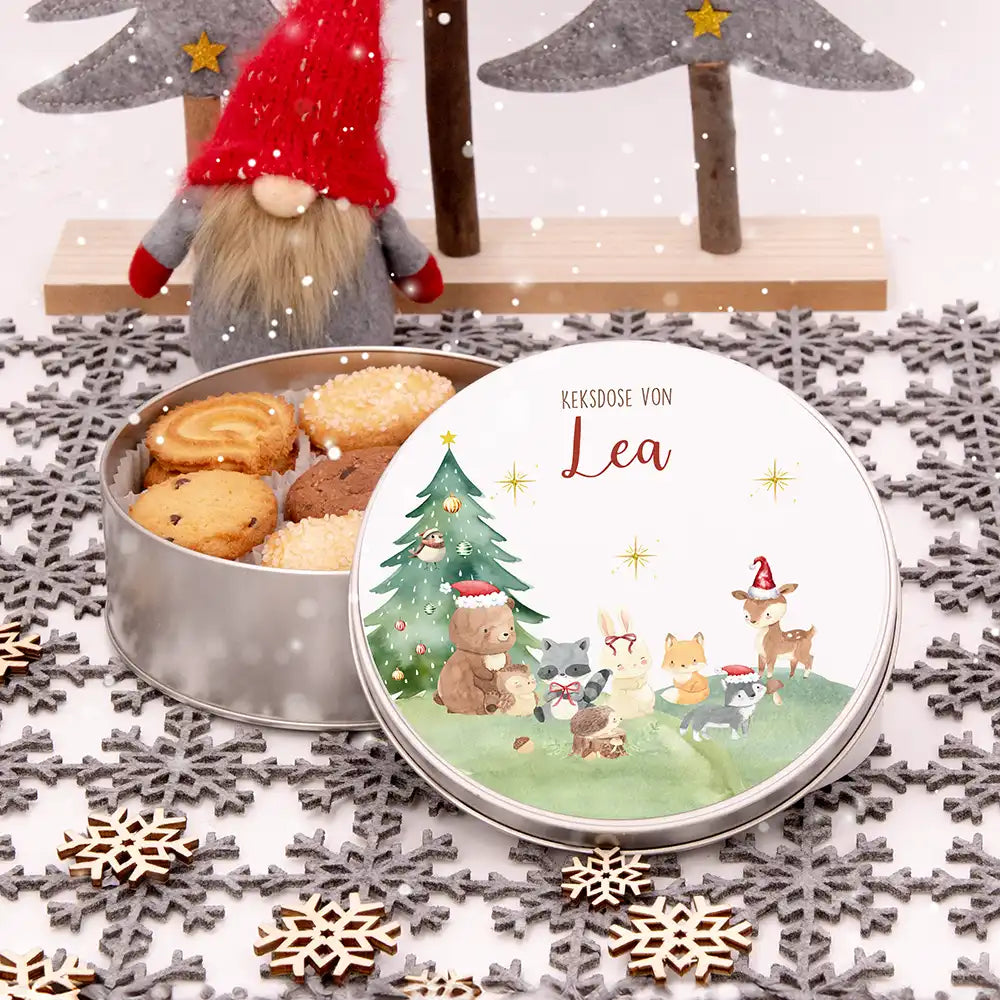 Keksdose aus Metal personalisiert - Kleine Waldbewohner im Weihnachtsglanz