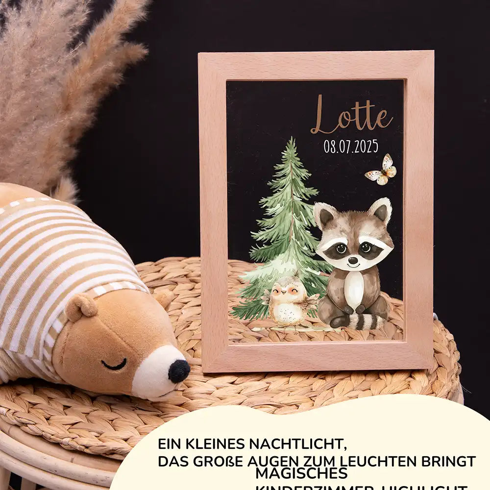 Personalisiertes LED Nachtlicht Bilderrahmen mit Namen - Waschbär und Eule