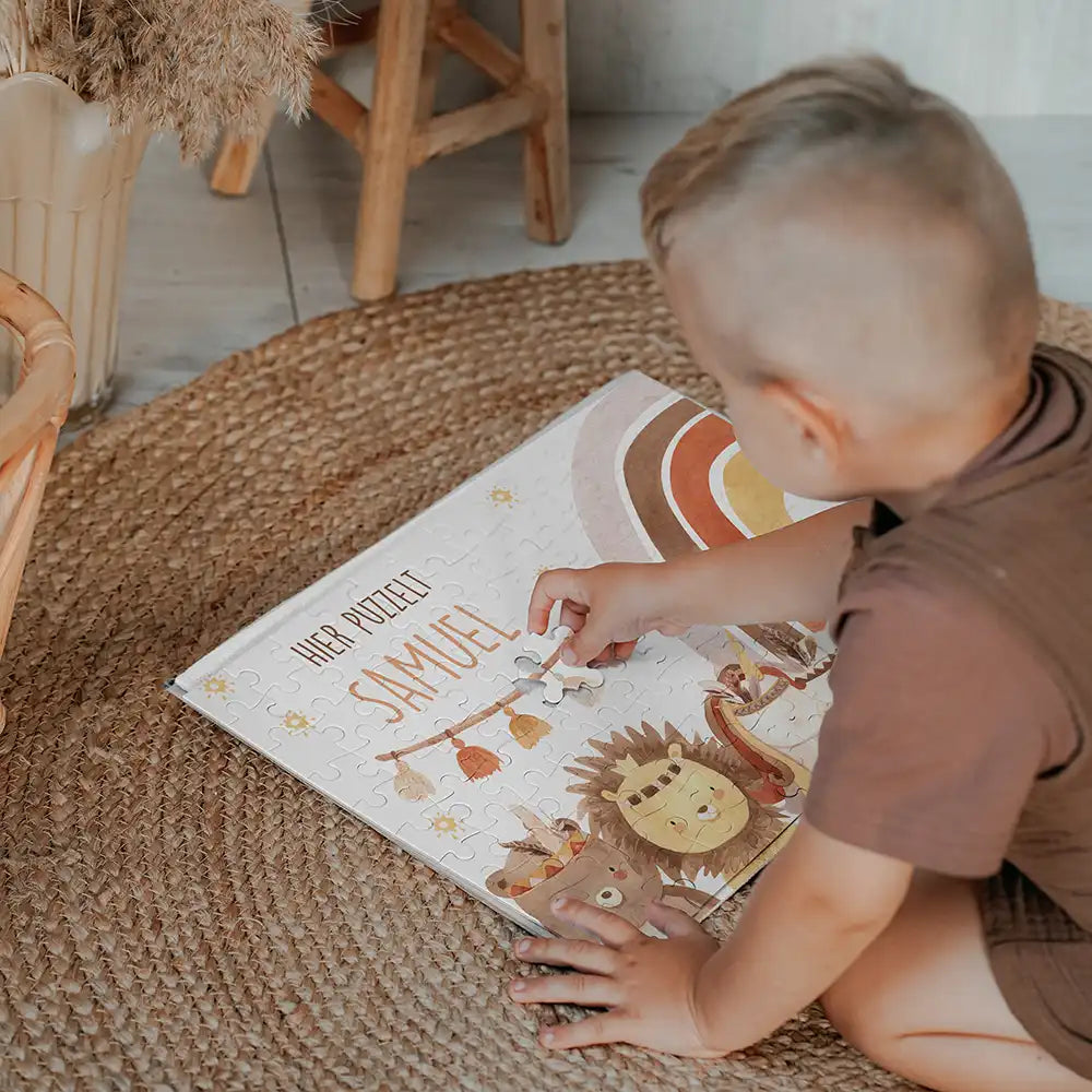 Kinderpuzzle personalisiert mit Namen - Boho Tiere mit Regenbogen