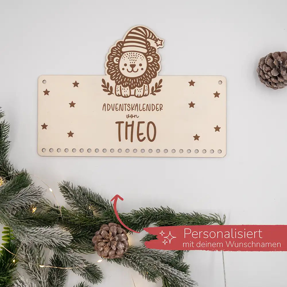 Personalisierter Adventskalender "Löwe" - Holz & Jutebeutel für Kinder