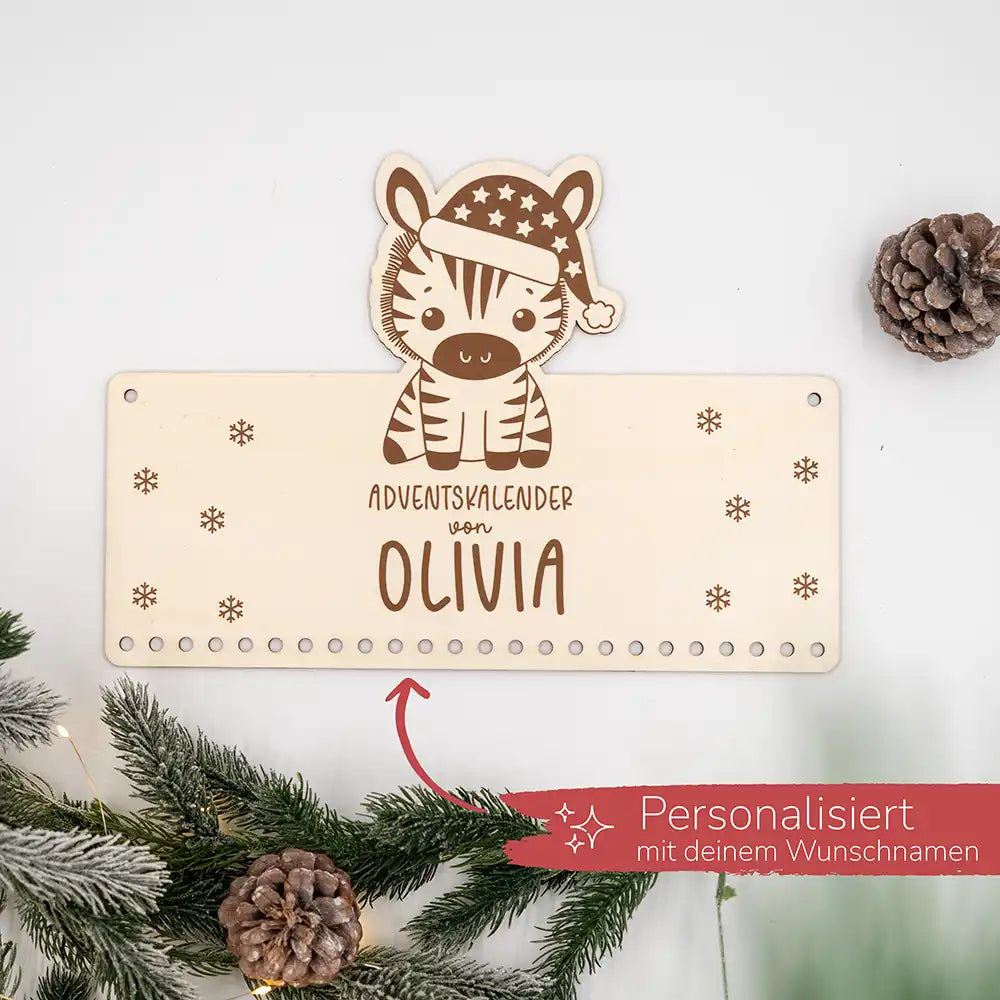 Personalisierbarer Adventskalender "Zebra" - Holz & Jute für Kinder