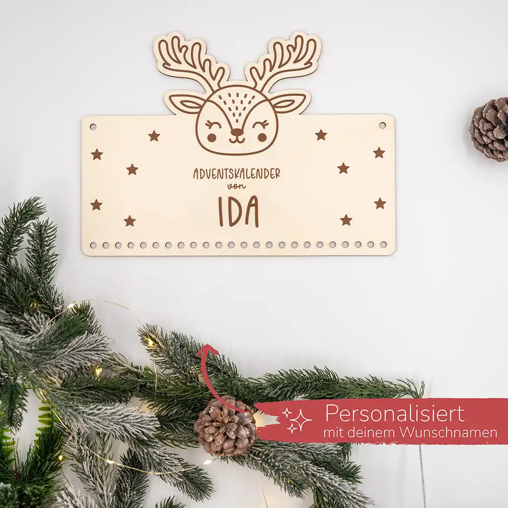 Personalisierbarer Adventskalender "Rentier" - Holz & Jute für Kinder