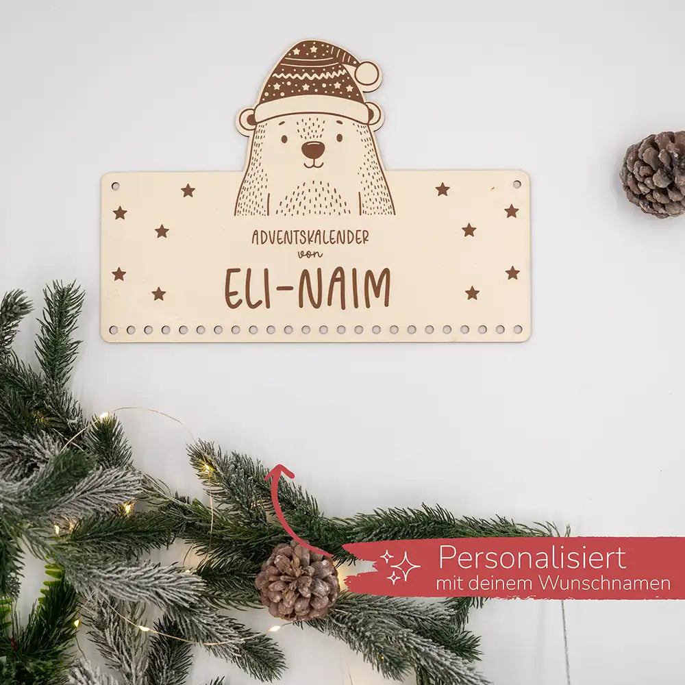 Personalisierbarer Adventskalender "Eisbär" - Holz & Jute für Kinder