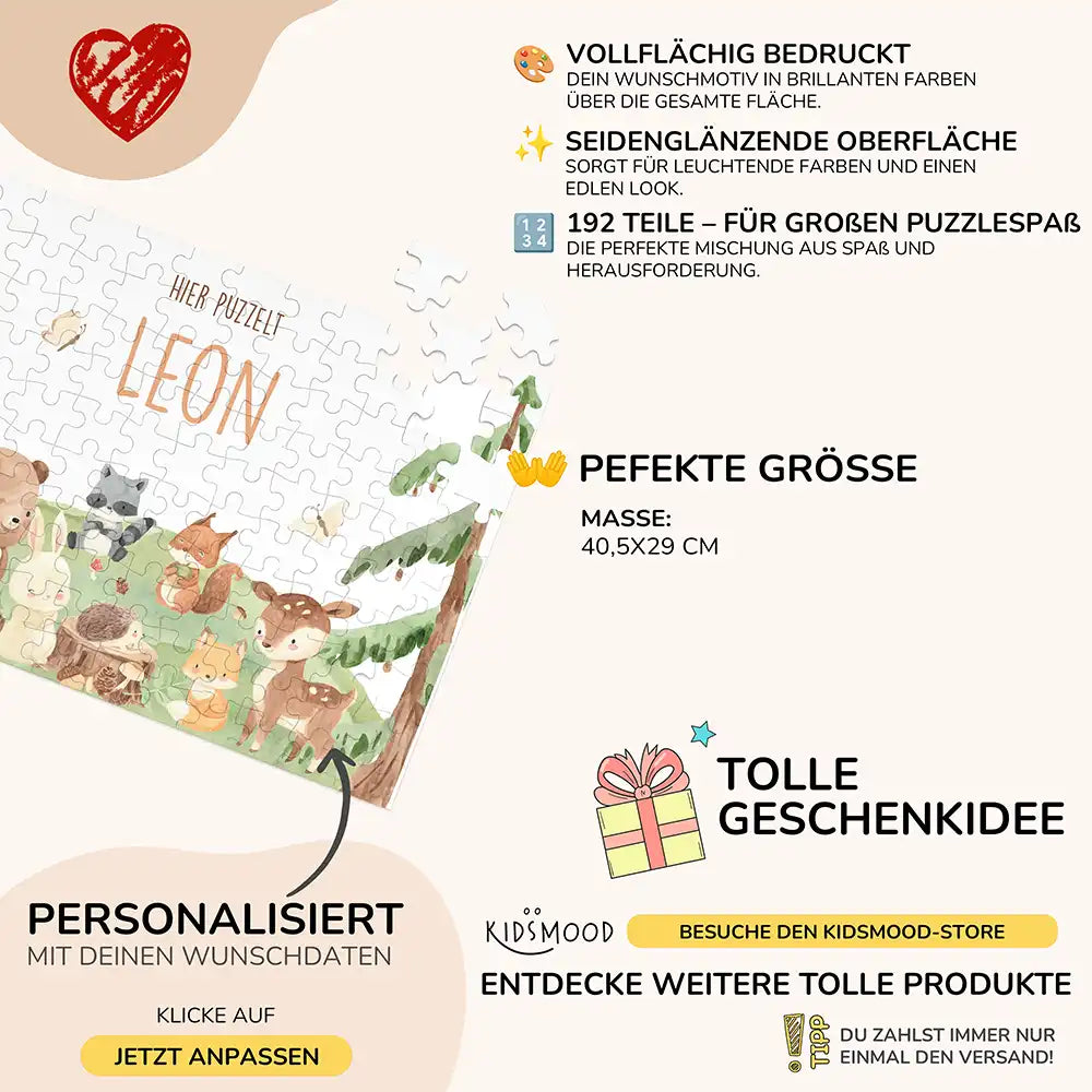 Kinderpuzzle personalisiert mit Namen - niedliche Waldtiere