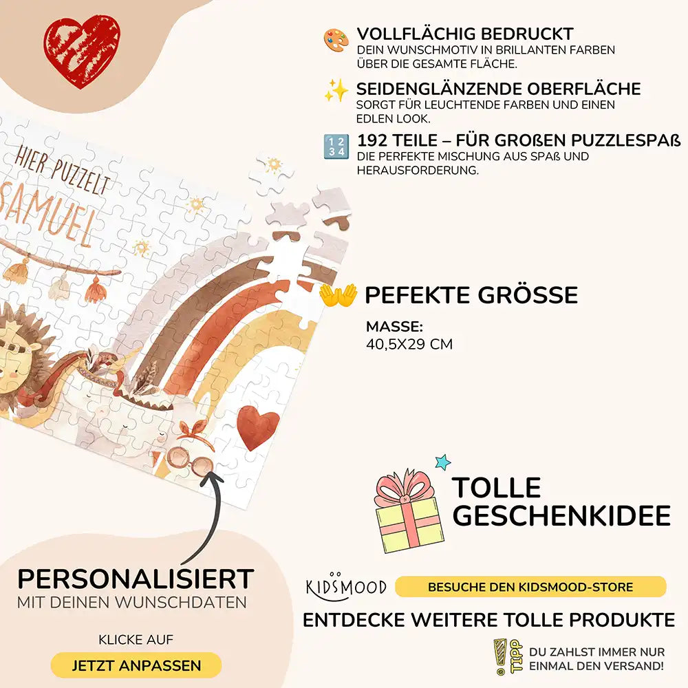 Kinderpuzzle personalisiert mit Namen - Boho Tiere mit Regenbogen