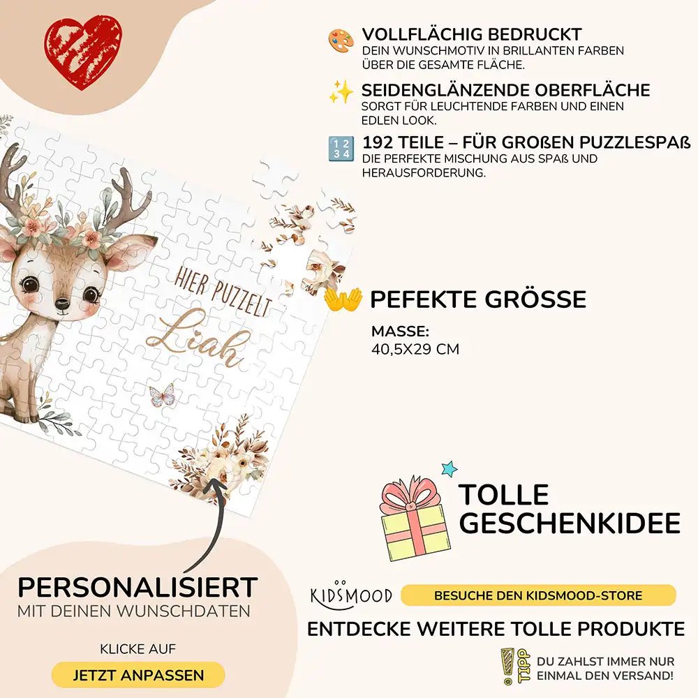 Kinderpuzzle personalisiert mit Namen - Baby Reh