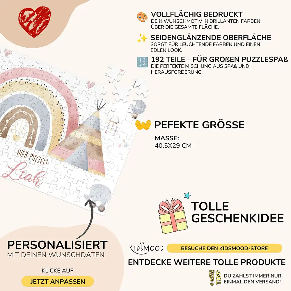 Kinderpuzzle personalisiert mit Namen - Regenbogen Tipi