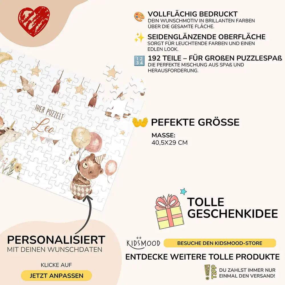 Kinderpuzzle personalisiert mit Namen - Zauberhafte Tiere