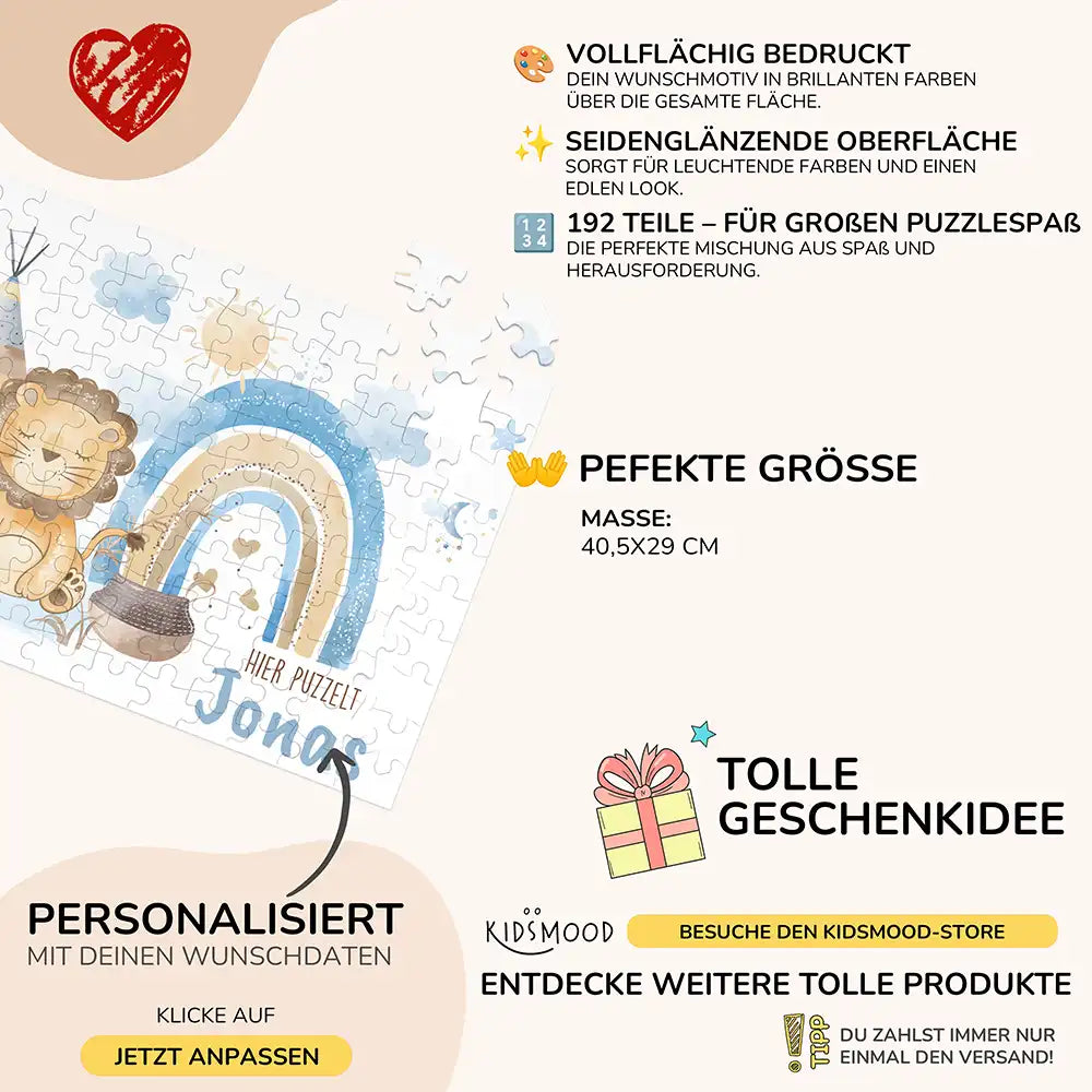 Kinderpuzzle personalisiert mit Namen - Löwe mit Regenbogen