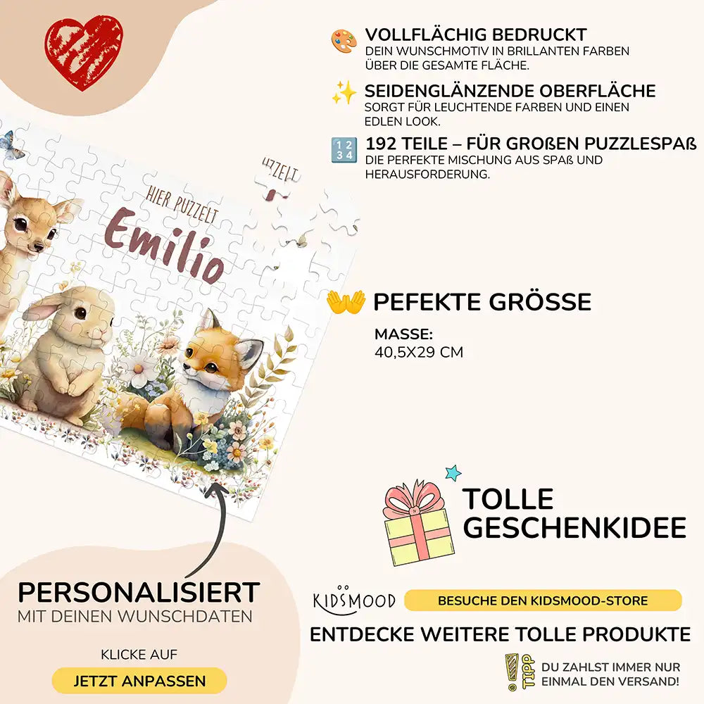 Kinderpuzzle personalisiert mit Namen - Waldtiere