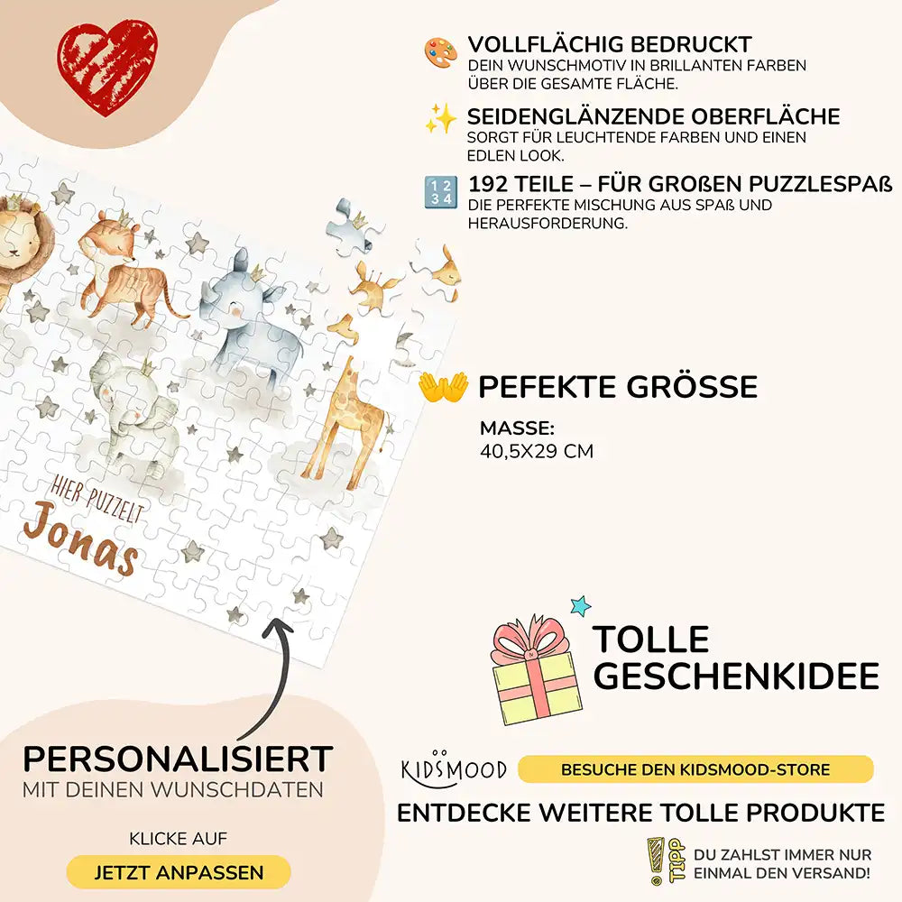 Kinderpuzzle personalisiert mit Namen - Wilde Safari