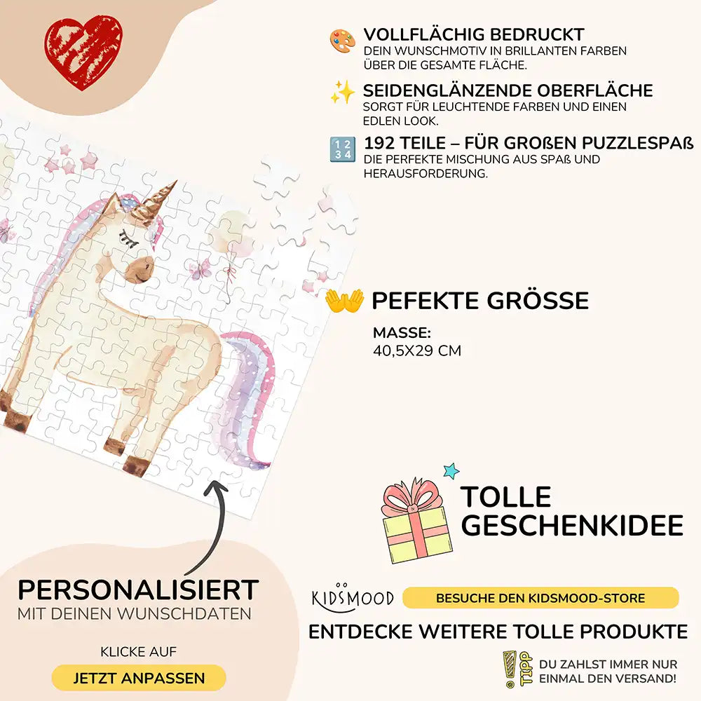 Kinderpuzzle personalisiert mit Namen - Einhorn