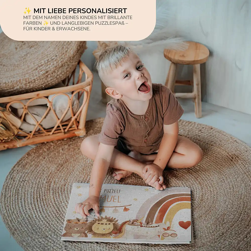 Kinderpuzzle personalisiert mit Namen - Boho Tiere mit Regenbogen