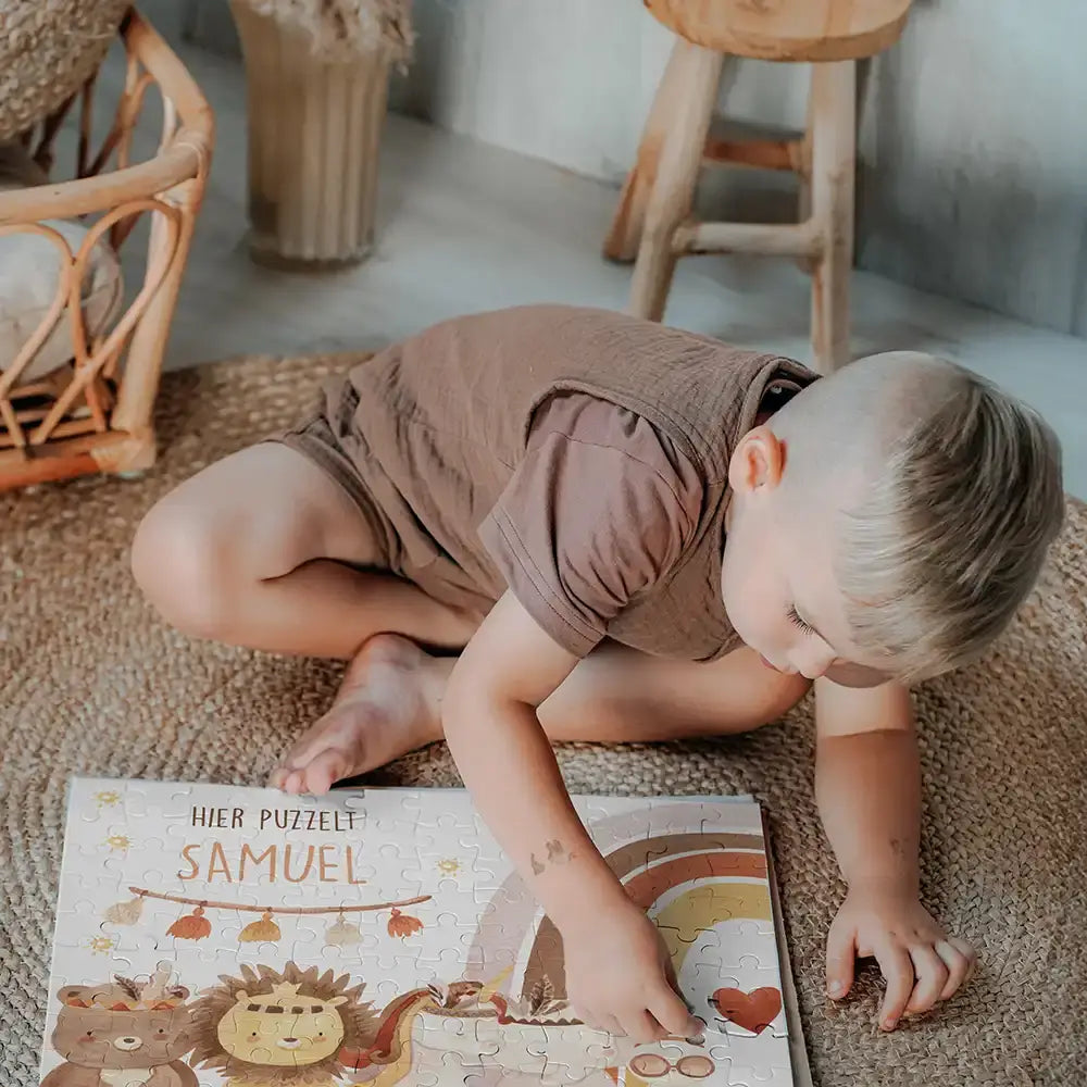 Kinderpuzzle personalisiert mit Namen - Boho Tiere mit Regenbogen