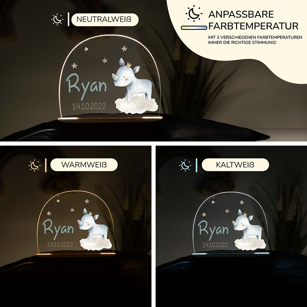 Personalisierte Nachtlampe für Kinder - Baby-Nashorn mit Sternen - Name und Geburtsdatum