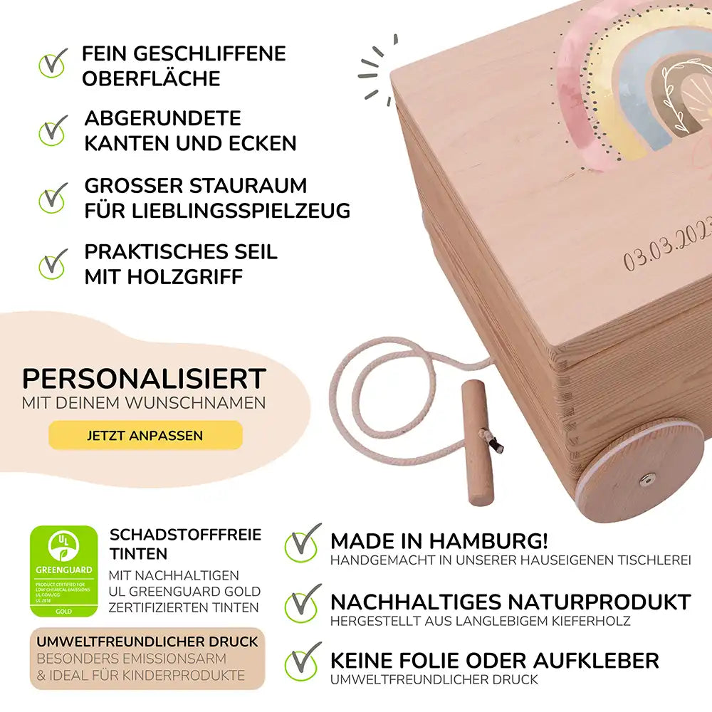 Spielzeugkiste mit Rädern personalisiert - Regenbogen
