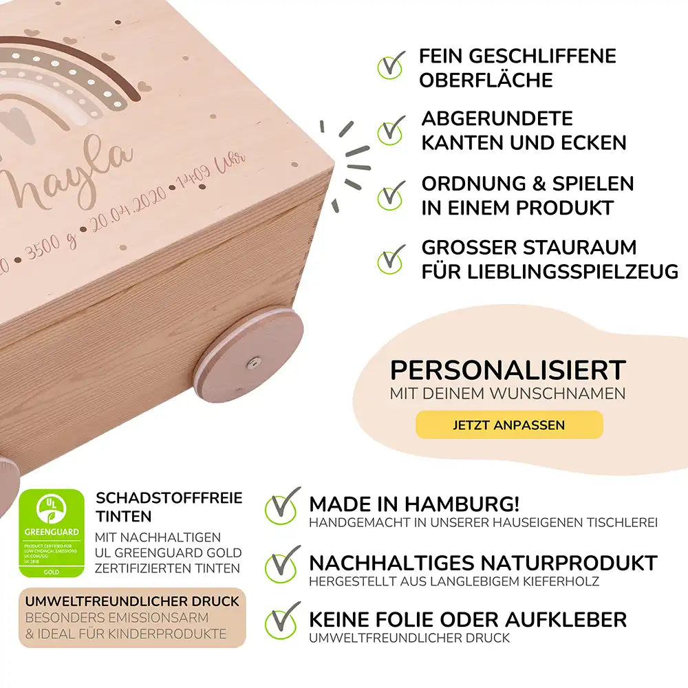 Spielzeugkiste mit Rädern personalisiert - Beige Regenbogen
