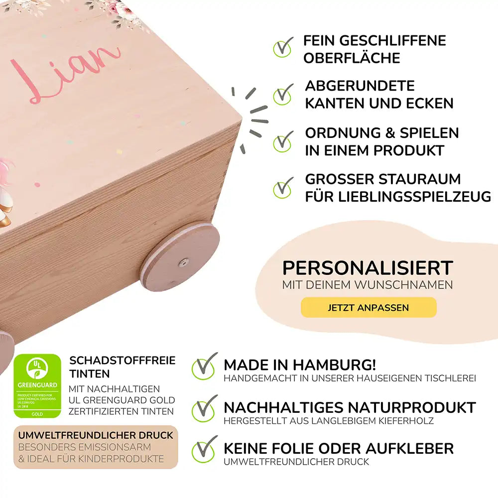Spielzeugkiste mit Rädern personalisiert - Einhorn