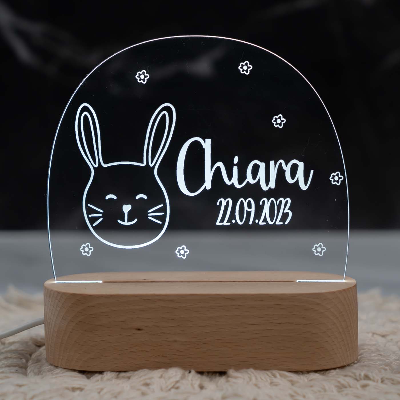 Personalisierte Nachtlampe für Kinder - Happy Hase - Name und Geburtsdatum