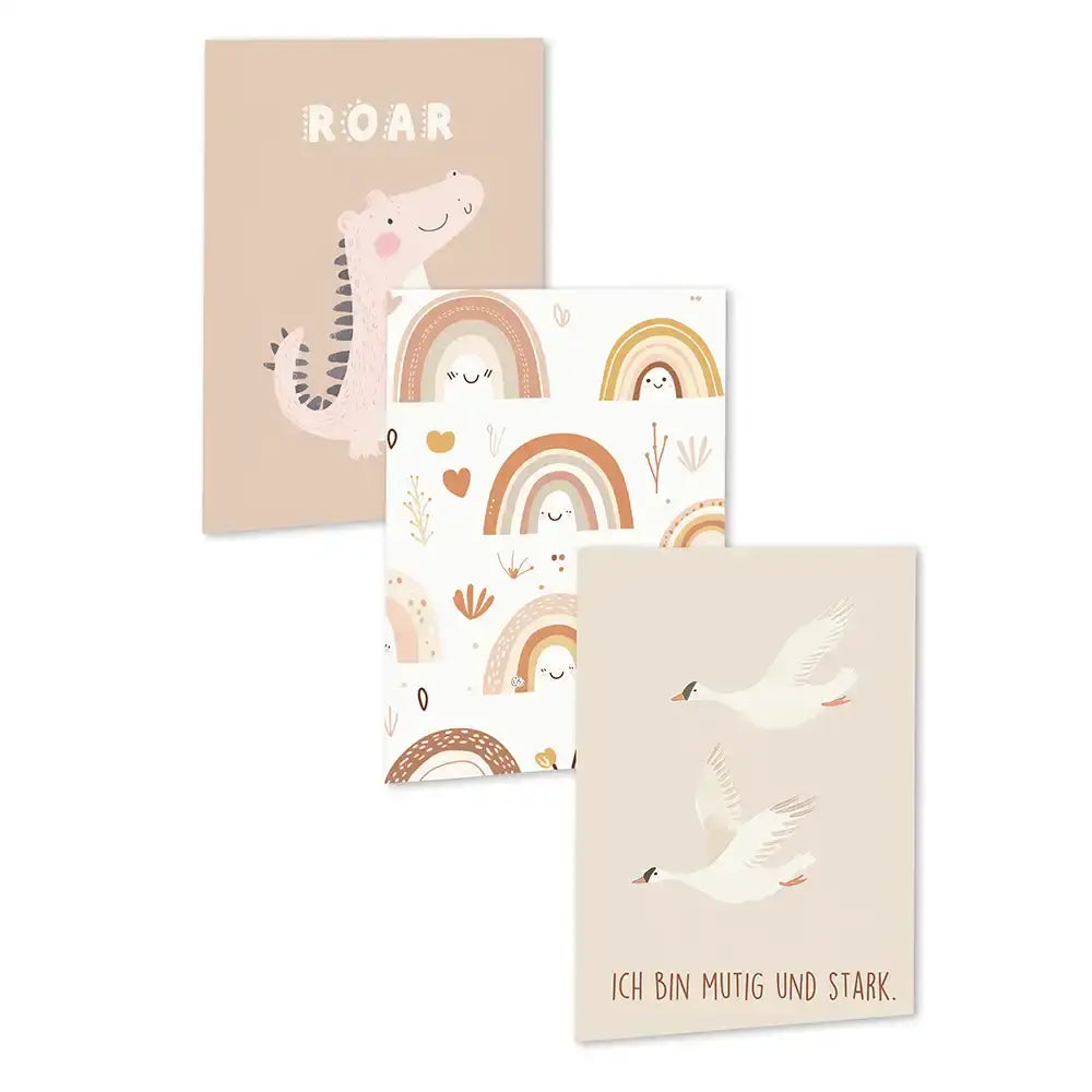 Poster 3er-Set - Dinosaurier, Regenbögen & Vögel fürs Kinderzimmer