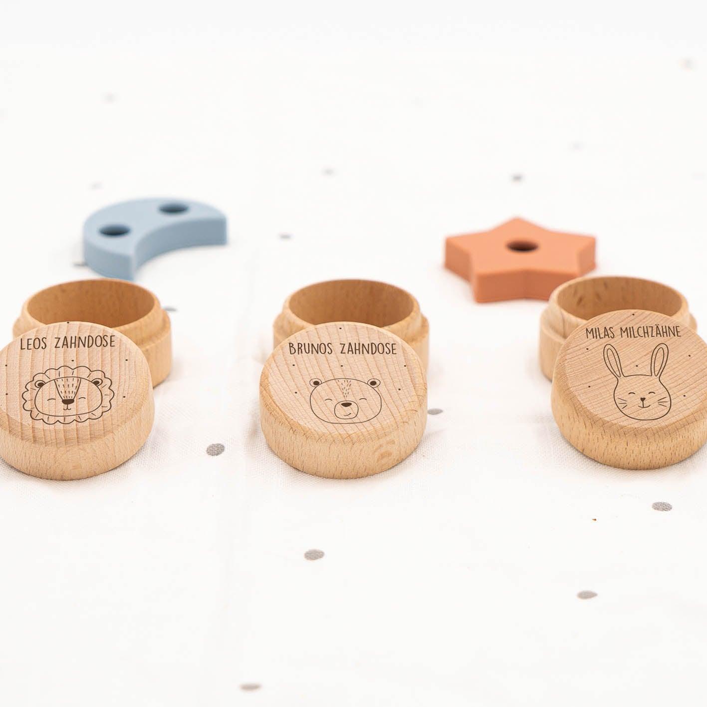 personalized wooden milk tooth box with forest animals design