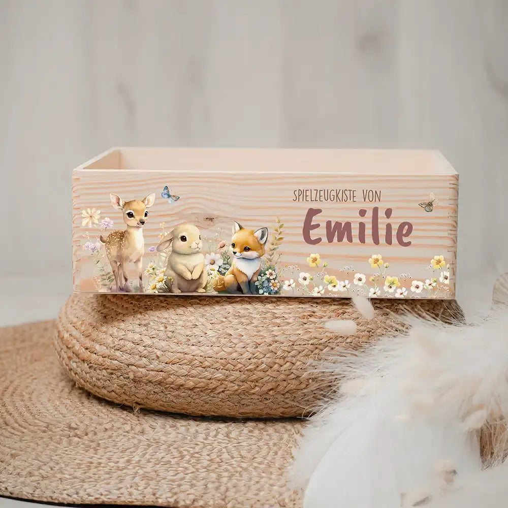 Spielzeugkiste personalisiert mit Namen - Fuchs, Hase und Reh
