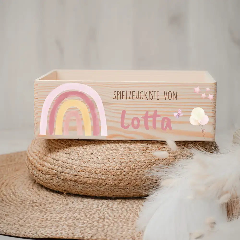 Spielzeugkiste personalisiert mit Namen - Regenbogen