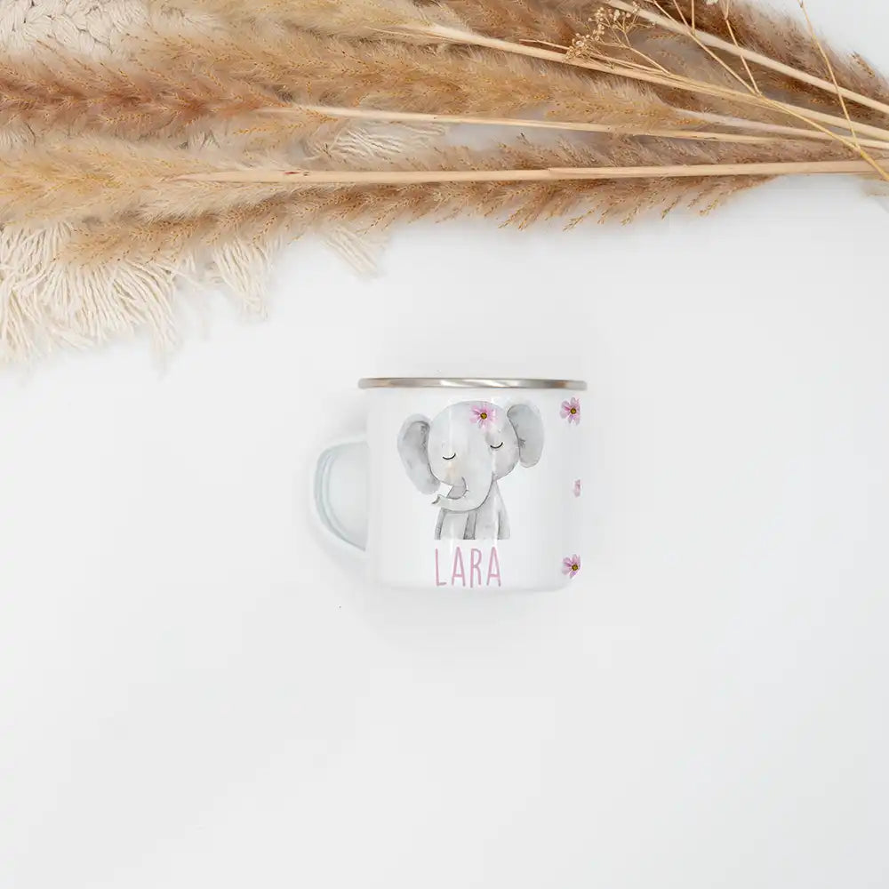 Emaille Kindertasse personalisiert - Elefant mit Blumen