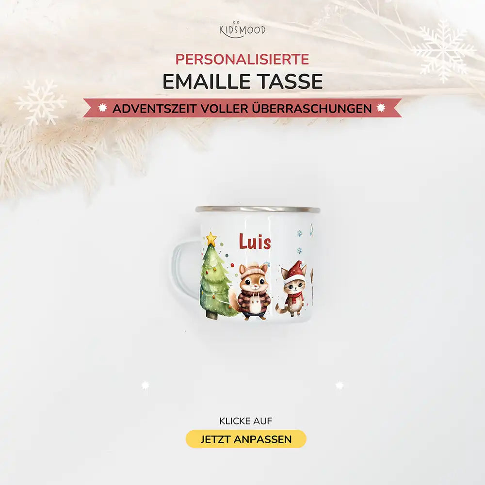 Emaille Tasse personalisiert Weihnachten - Süße Eichhörnchen