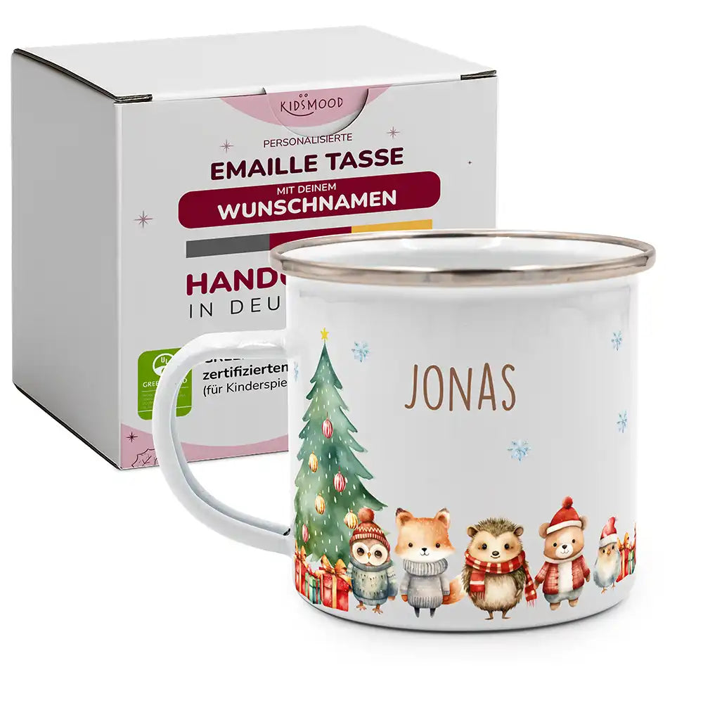 Emaille Tasse personalisiert Weihnachten - Wintertiere