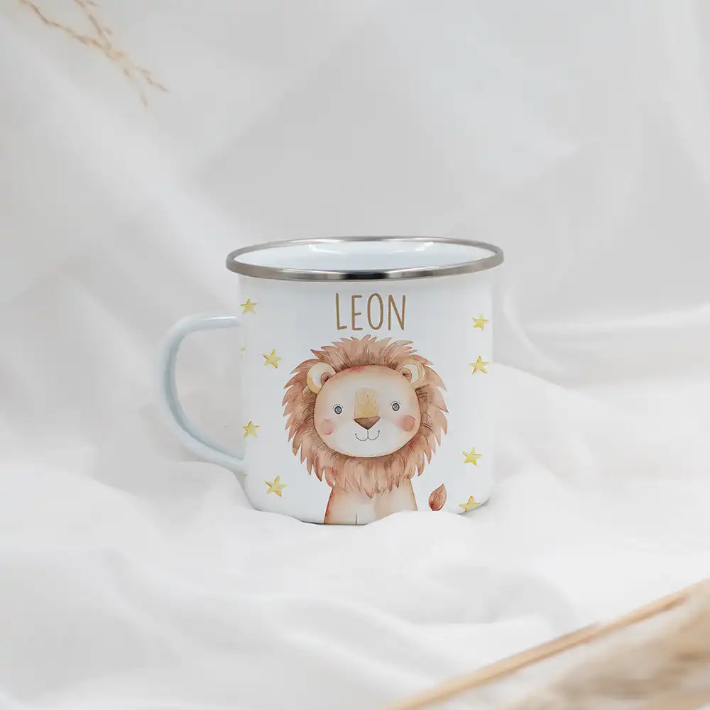 Emaille Kindertasse personalisiert - Löwe mit Sternen