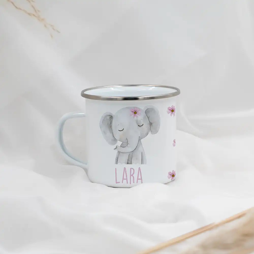 Emaille Kindertasse personalisiert - Elefant mit Blumen