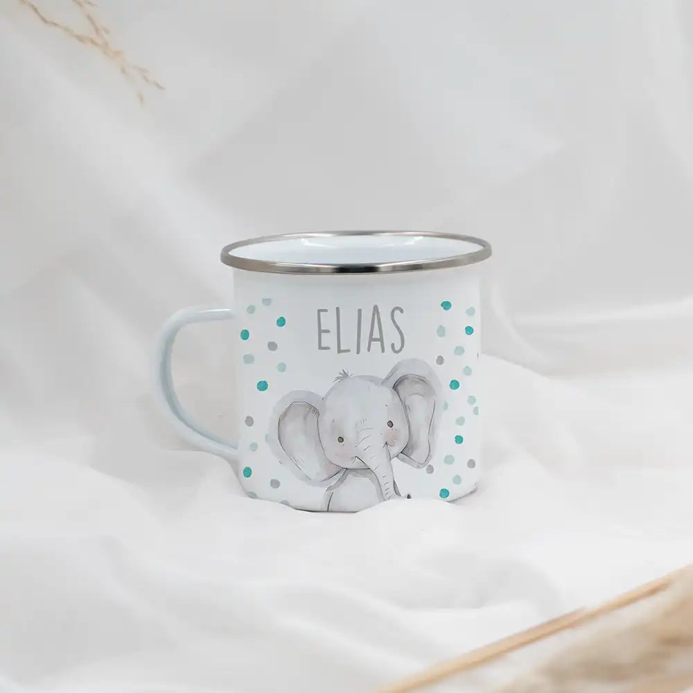 Emaille Kindertasse personalisiert - Elefant mit Punkten