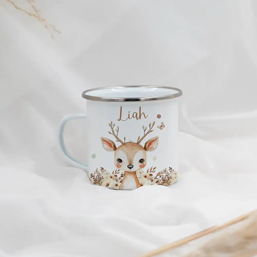 Emaille Kindertasse personalisiert - Rentier mit Blumen