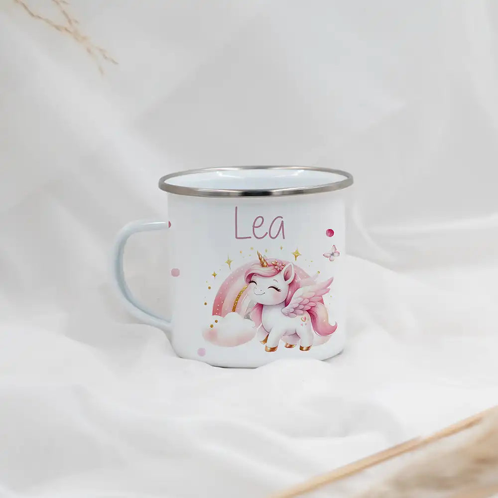 Emaille Kindertasse personalisiert - Einhorn und Sterne