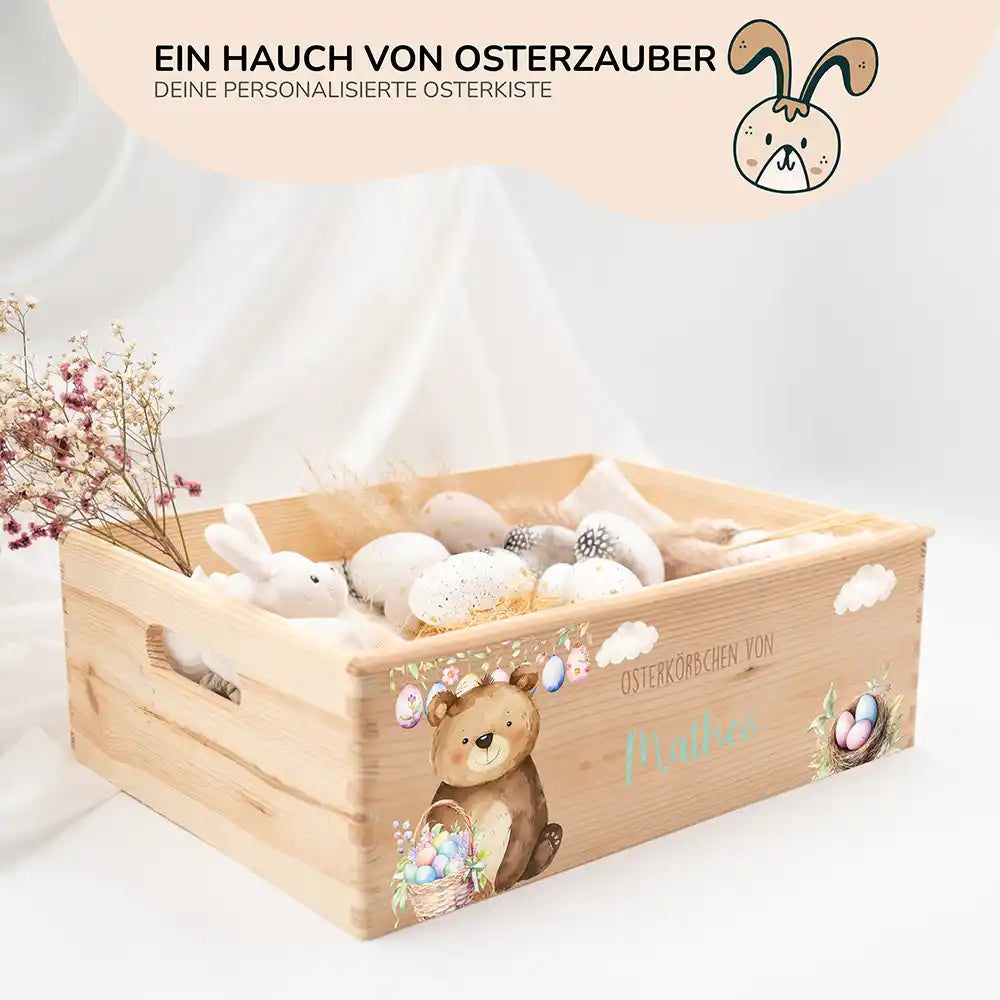 Osterkiste Holz personalisiert - Wolkenbär & Eiernest