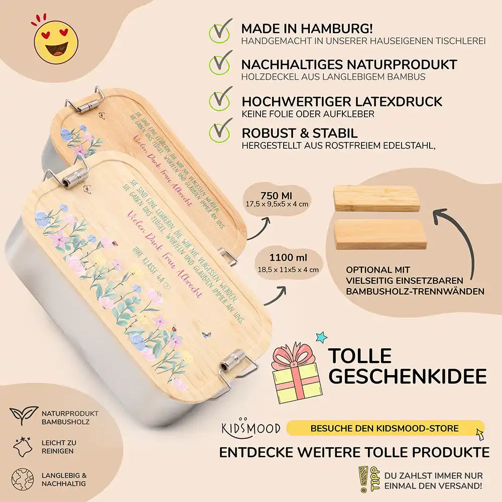 detailansicht der personalisierten brotdose mit blumenwiese design