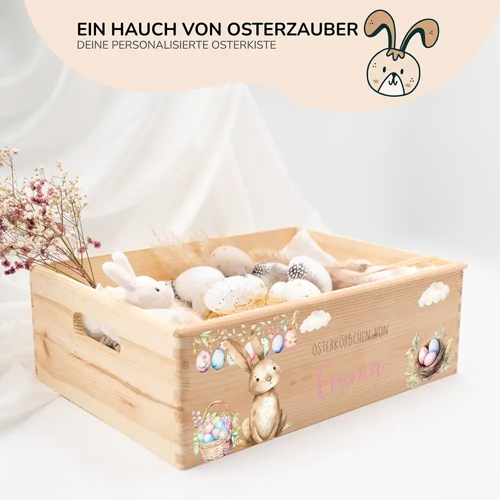 Osterkiste Holz personalisiert - Hase im Eierwunderland