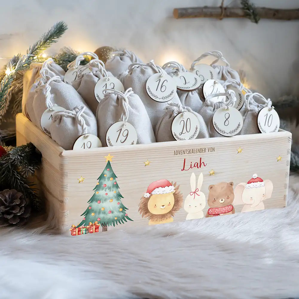 Adventskalender zum befüllen "Weihnachten mit weihnachtlichem Tiertrio" personalisiert