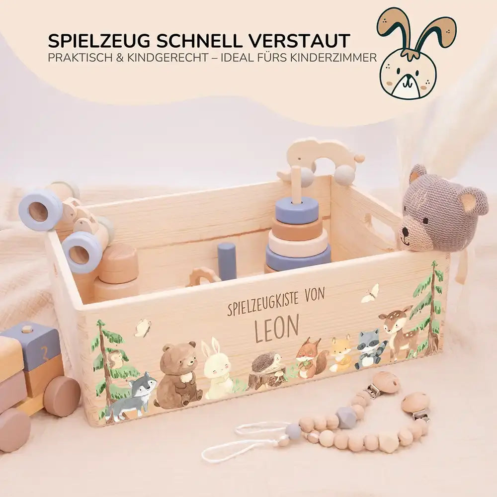 Spielzeugkiste personalisiert mit Namen - niedliche Waldtiere