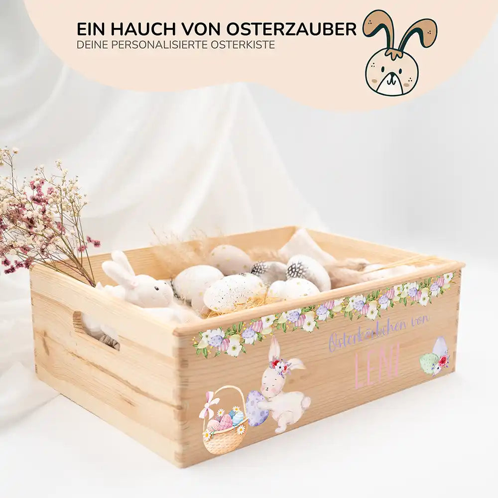 Osterkiste Holz personalisiert - Blütenranken & Häschen