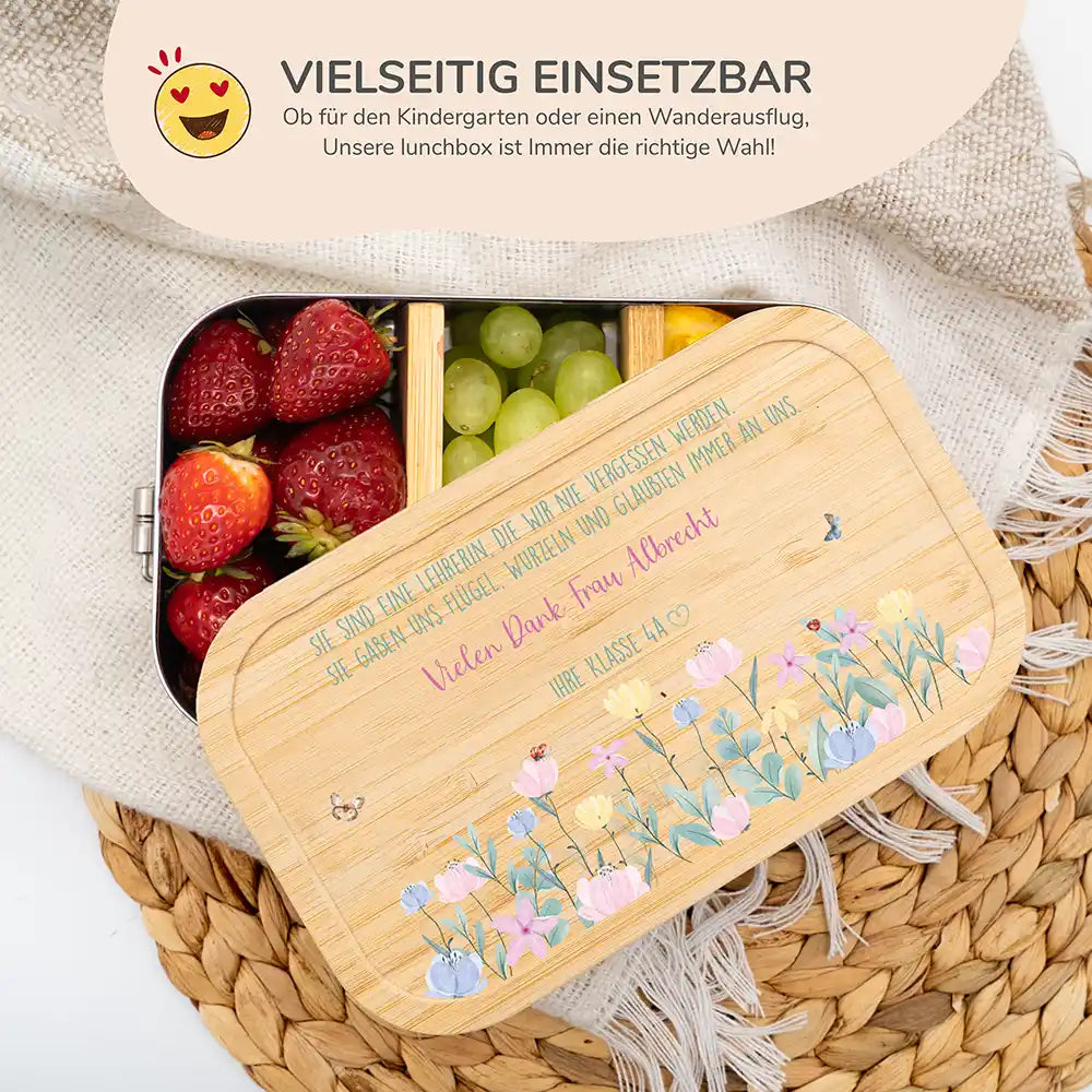 personalisierte brotdose mit blumenwiese design und namen