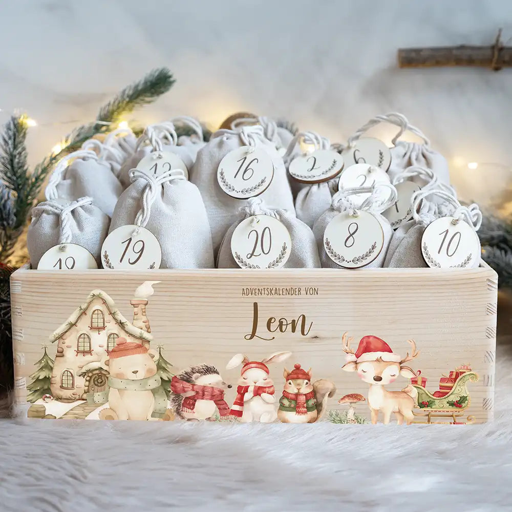 Adventskalender zum befüllen "Winterdorf mit Tieren" personalisiert