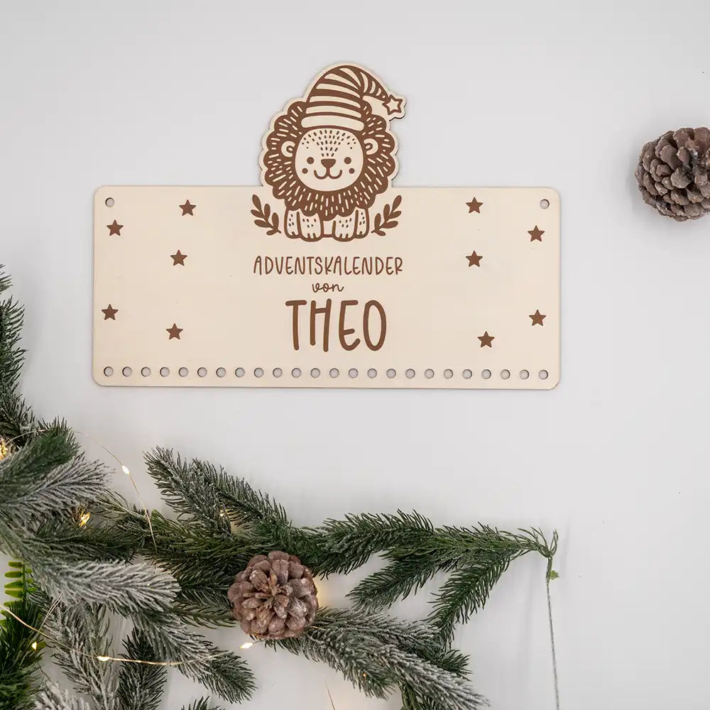 Personalisierter Adventskalender "Löwe" - Holz & Jutebeutel für Kinder