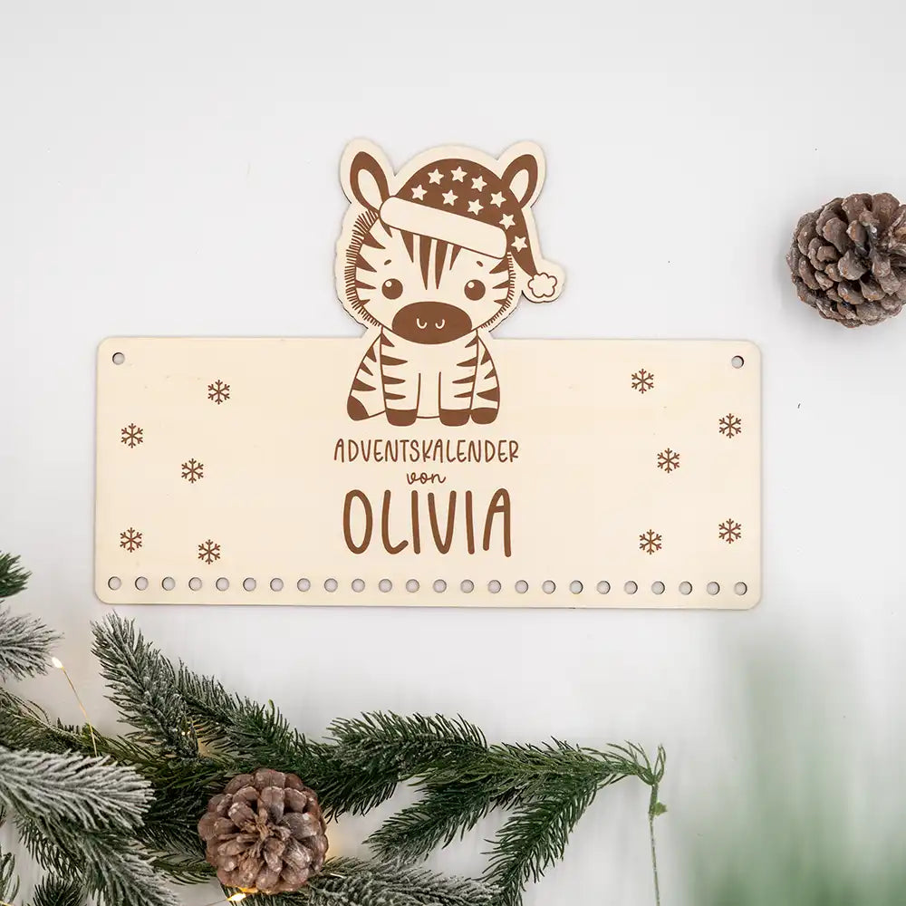 Personalisierbarer Adventskalender "Zebra" - Holz & Jute für Kinder