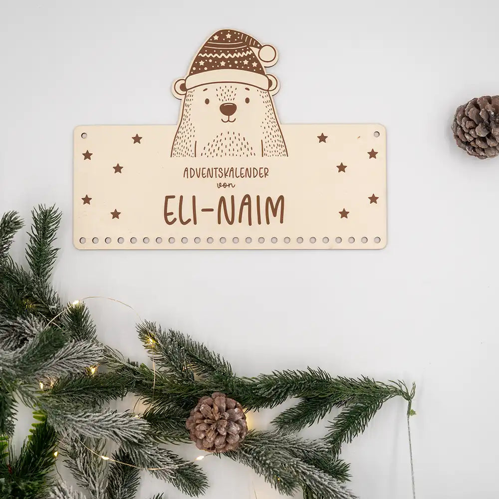 Personalisierbarer Adventskalender "Eisbär" - Holz & Jute für Kinder