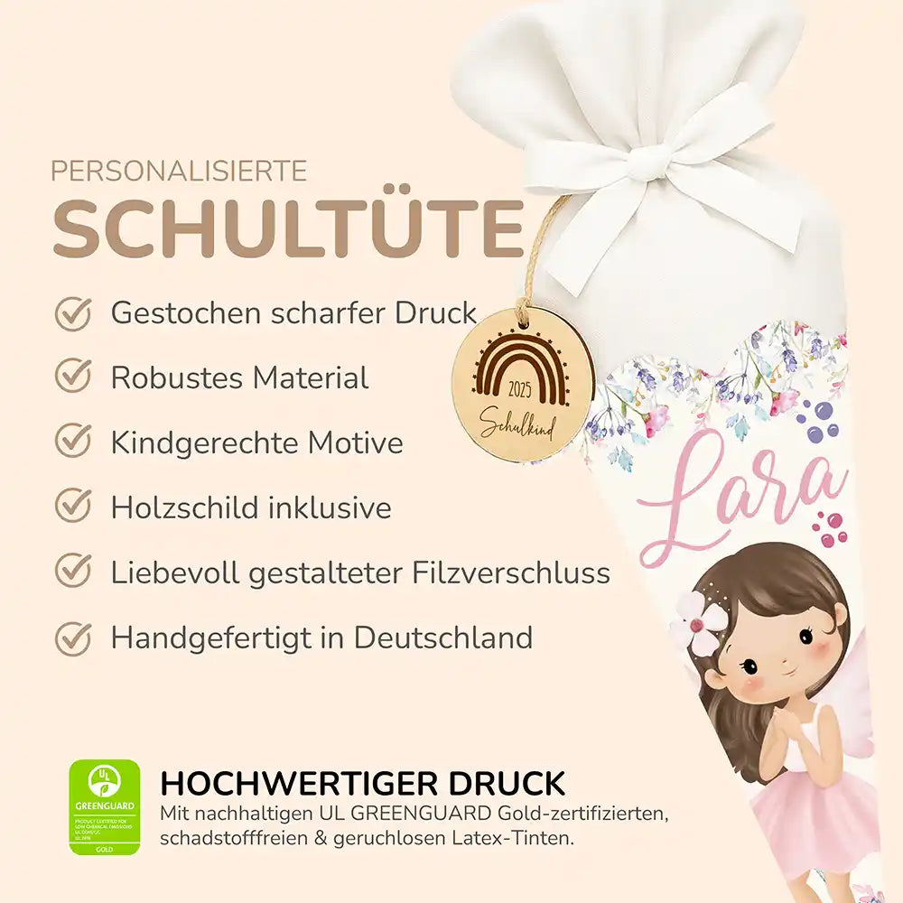 Personalisierte Schultüte mit Namen - Fee mit Blumen