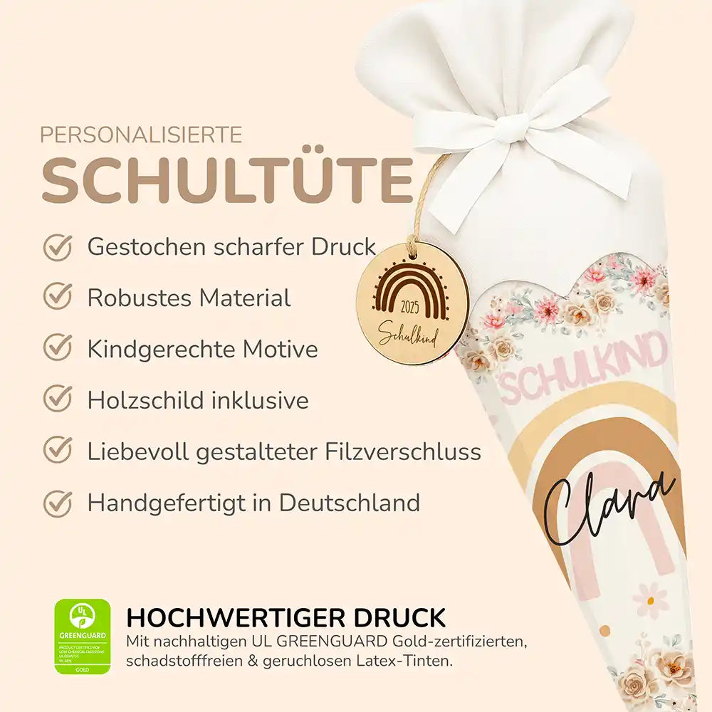 Personalisierte Schultüte mit Namen - Regenbogen mit Blumen
