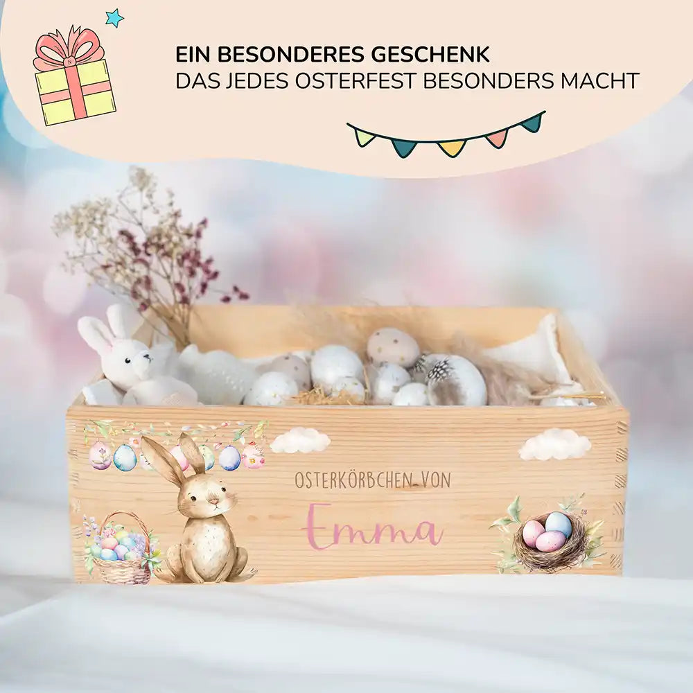 Osterkiste Holz personalisiert - Hase im Eierwunderland