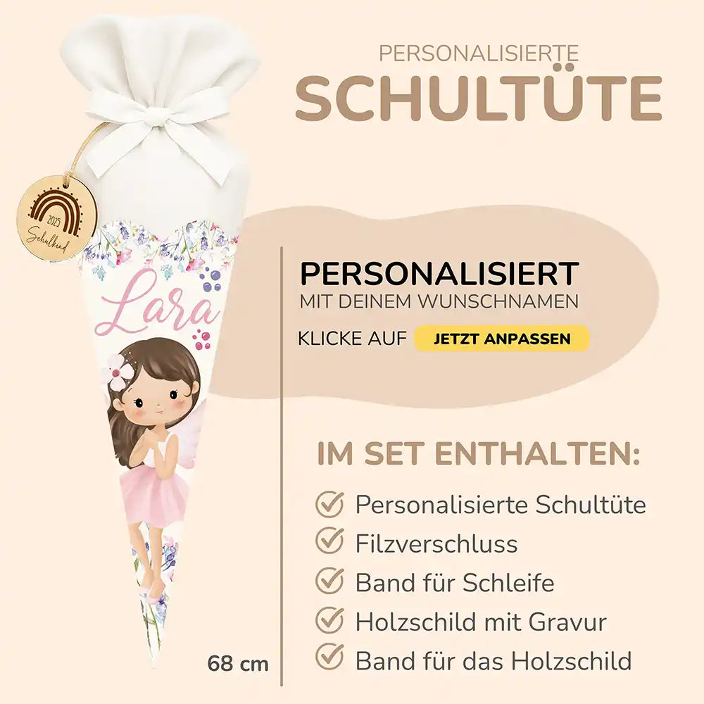 Personalisierte Schultüte mit Namen - Fee mit Blumen